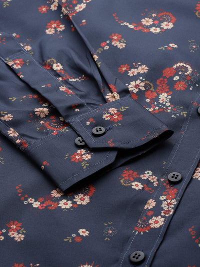Men Charcoal Grey Smart Slim Fit Floral Printed Formal Shirt