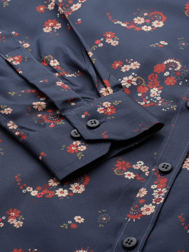 Men Charcoal Grey Smart Slim Fit Floral Printed Formal Shirt