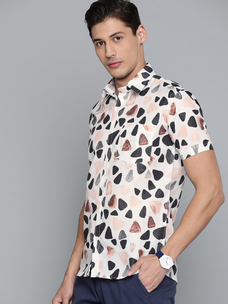 Men White  Black Smart Slim Fit Geometric Printed Casual Shirt