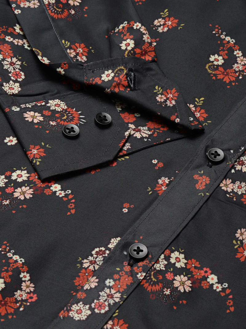 Men Charcoal Grey Smart Slim Fit Floral Printed Formal Shirt