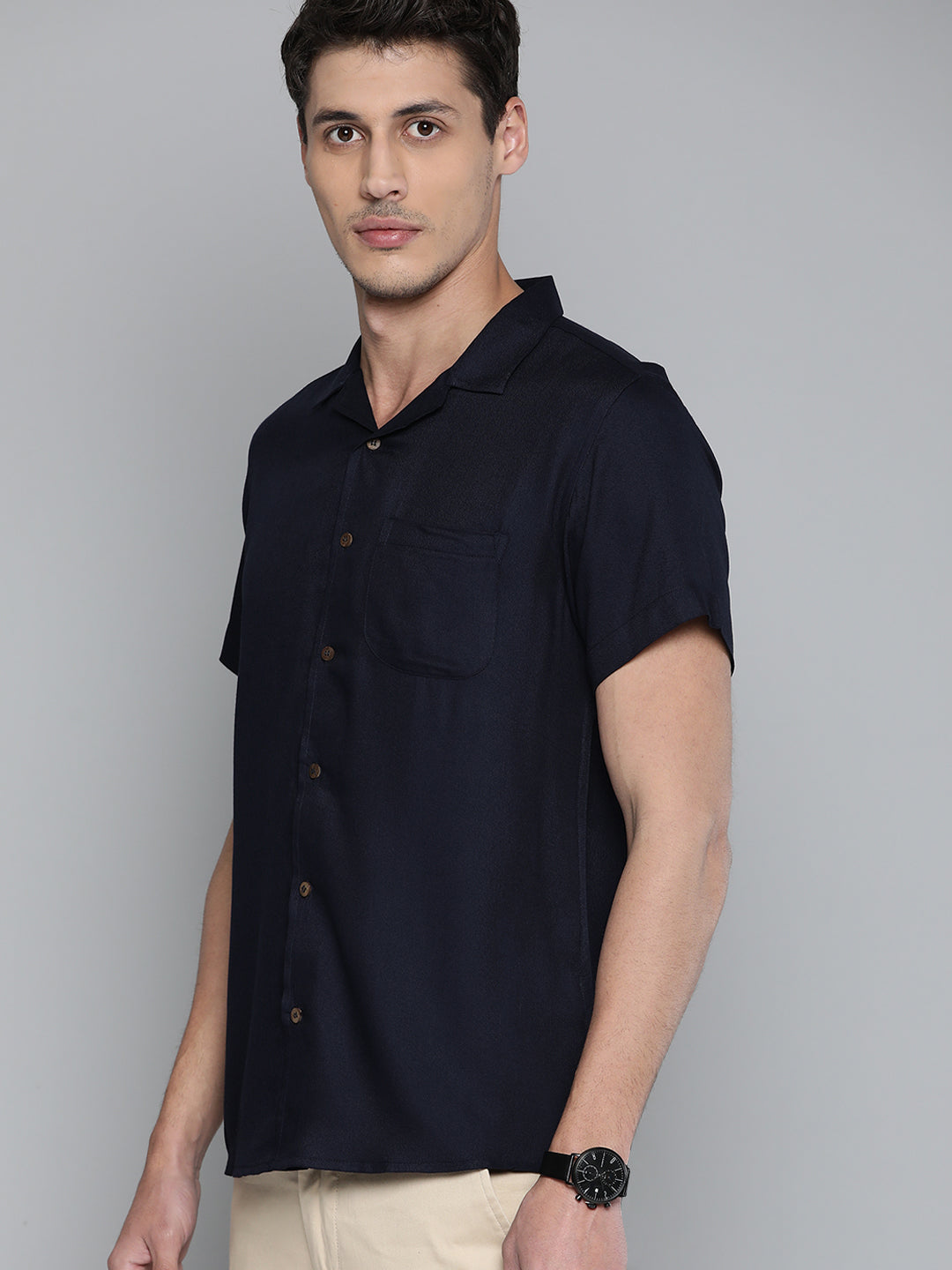 Men Navy Blue Cotton Twill Slim Fit Casual Shirt