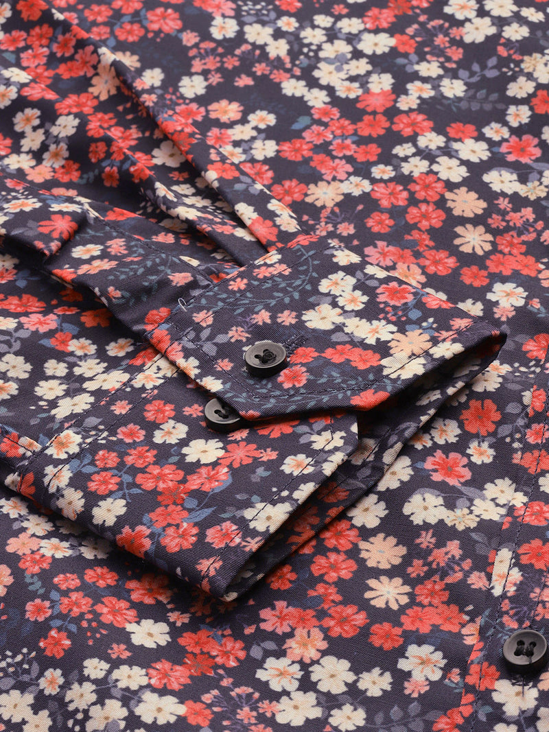 Men Navy Blue  Red Smart Slim Fit Floral Printed Formal Shirt