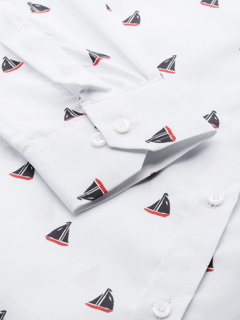 Men White Smart Slim Fit Conversational Printed Formal Shirt