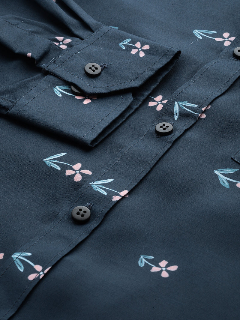 Men Navy Blue Smart Slim Fit Floral Printed Formal Shirt