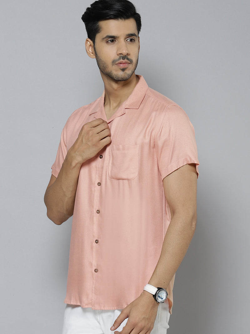 Men Peach-Coloured Solid Smart Slim Fit Casual Shirt
