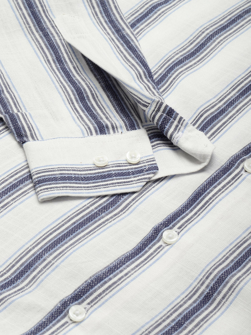 White: Full Sleeve Button-Down Collar Striped Shirt