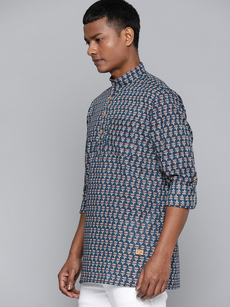 DENNISON Men Blue & Maroon Block Printed Kurta