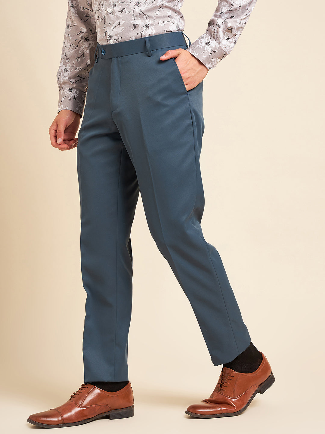 DENNISON Blue Men Smart Mid-Rise Easy Wash Formal Trousers
