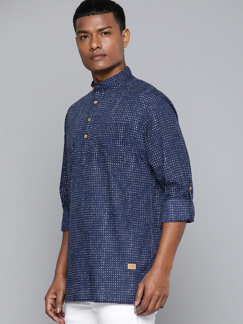 DENNISON Men Navy Blue & White Block Printed Kurta
