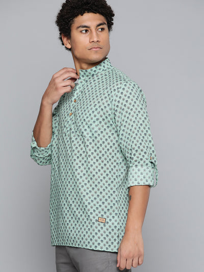 DENNISON Men Sea Green Block Printed Kurta