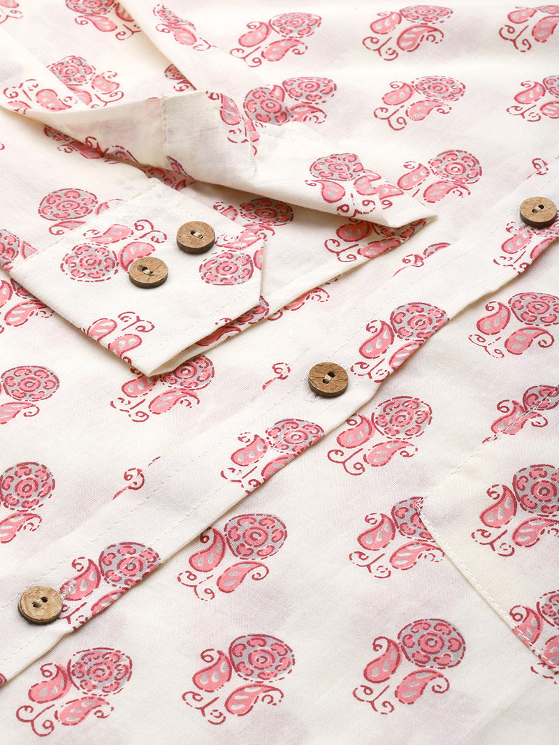 Cream: Full Sleeves Block Printed Shirt