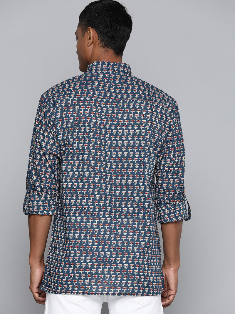 DENNISON Men Blue & Maroon Block Printed Kurta