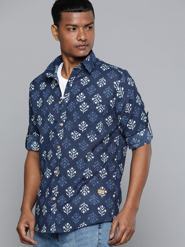 DENNISON Men Blue Block Printed Shirt