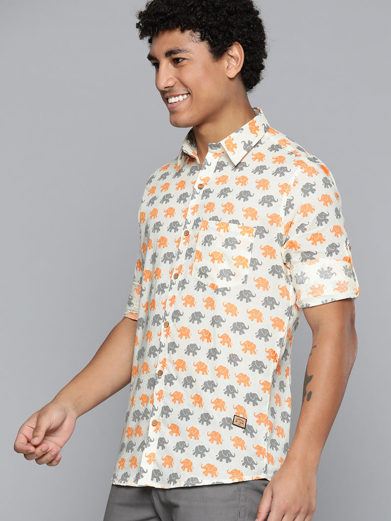 DENNISON Men Cream-Coloured Block Printed Shirt