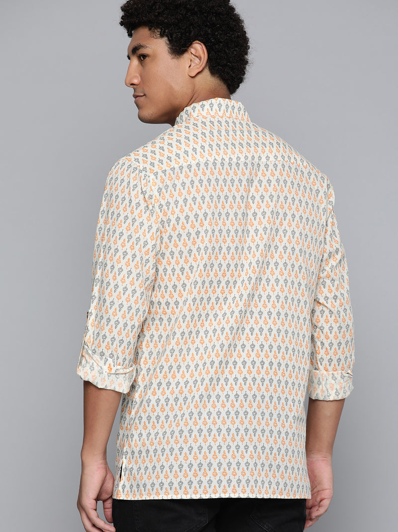 DENNISON Men White & Orange Block Printed Kurta
