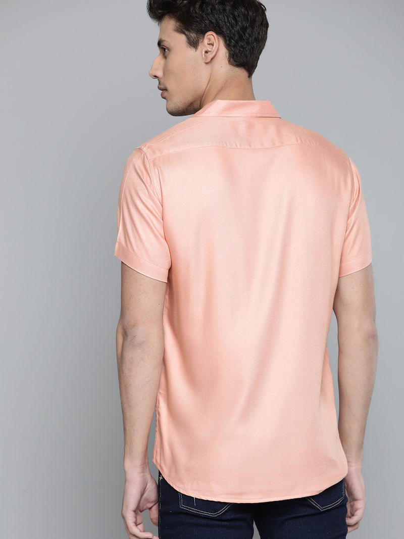 Men Peach-Coloured Twill Weave Cotton Slim Fit Casual Shirt