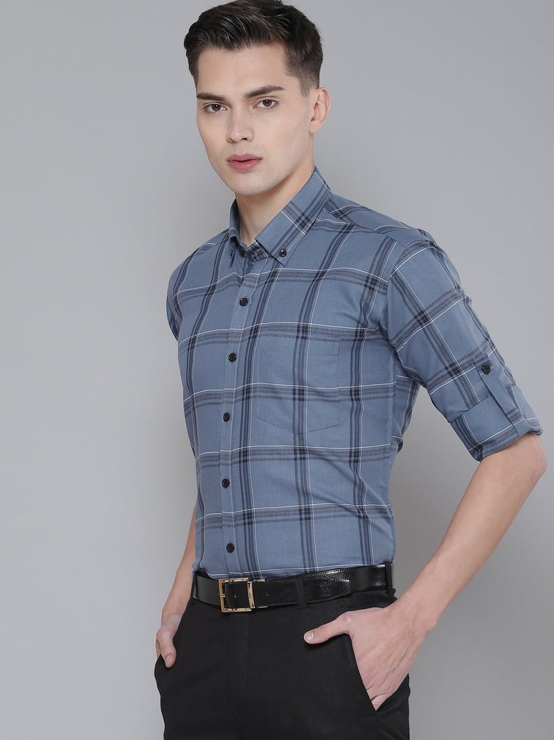 Men Blue Smart Slim Fit Checked Formal Shirt