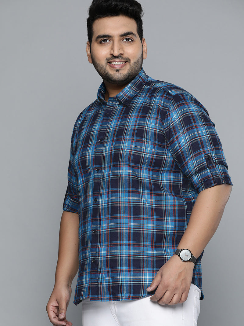 Men Navy Blue Smart Slim Fit Pure Cotton Opaque Checked Casual Shirt