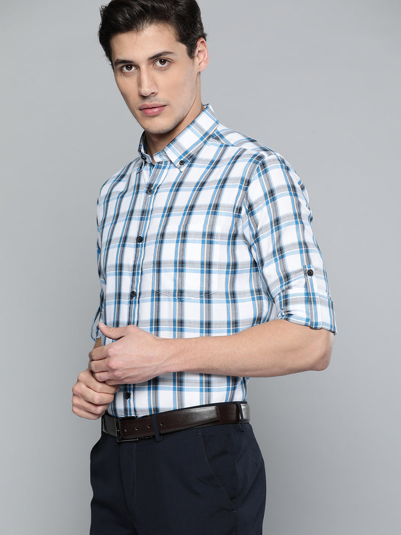 Men White  Blue Pure Cotton Smart Fit Tartan Checks Checked Formal Shirt