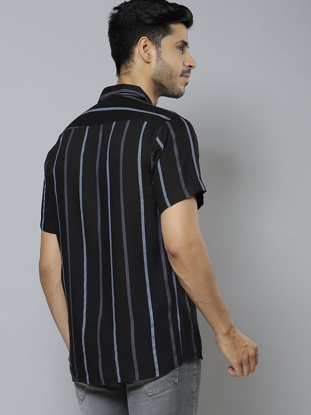Men Black  Grey Smart Slim Fit Striped Casual Shirt