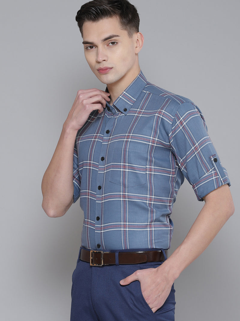 Men Blue Smart Slim Fit Checked Formal Shirt