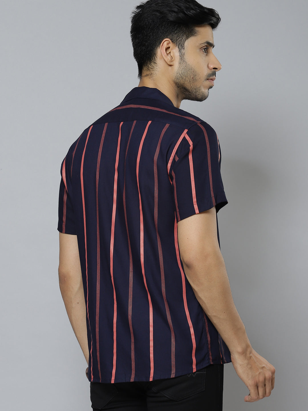 Men Navy Blue  Red Smart Slim Fit Striped Cotton Casual Shirt