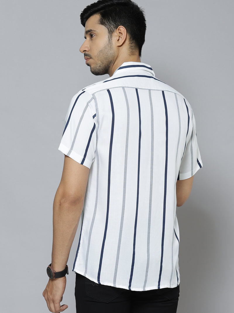 Men White  Black Smart Slim Fit Striped Cotton Casual Shirt