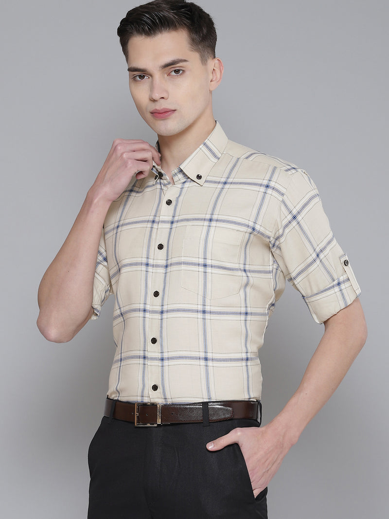 Men Cream-Coloured Smart Slim Fit Checked Formal Shirt