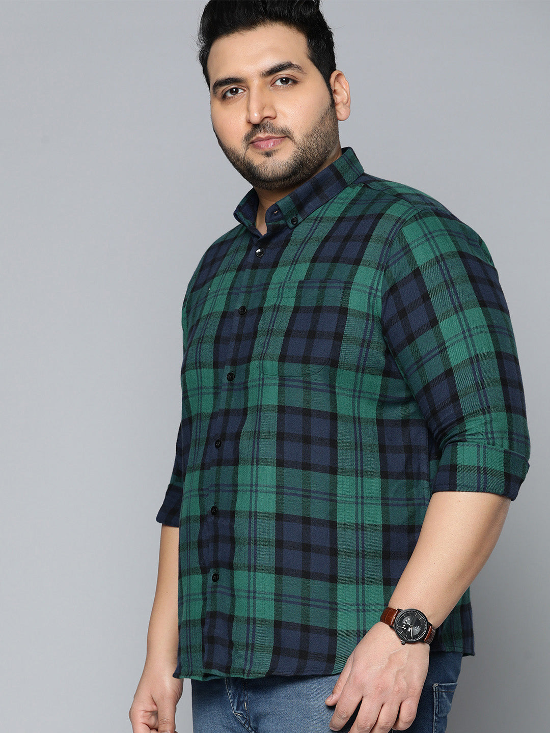 Men Plus Size Tartan Checked Casual Shirt