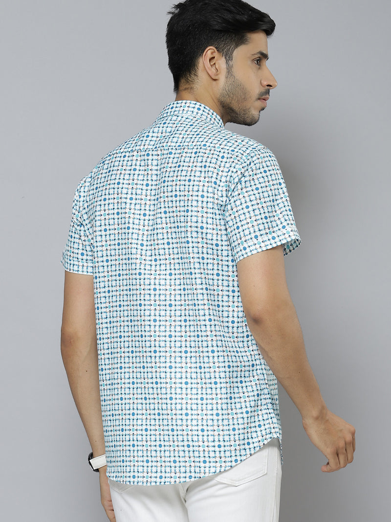 Men White & Blue Block Printed Shirt