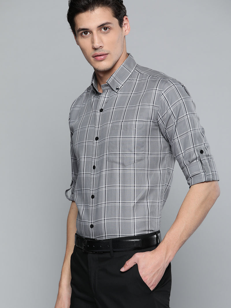 Men Grey  Black Pure Cotton Smart Fit Tartan Checks Checked Formal Shirt
