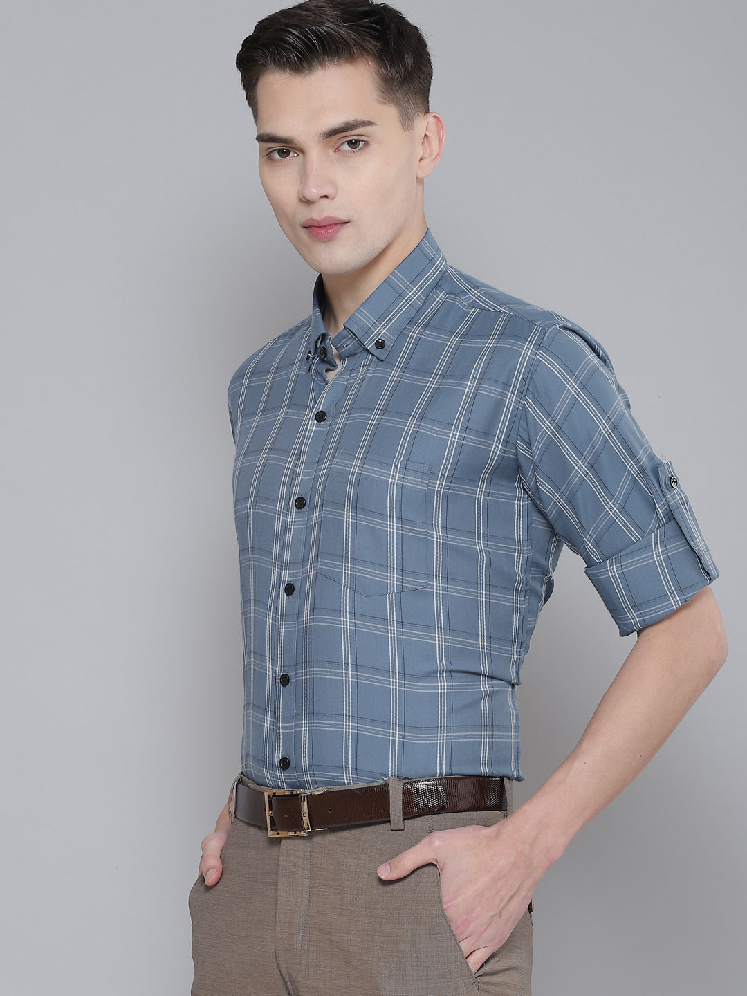 Men Blue Smart Slim Fit Checked Formal Shirt