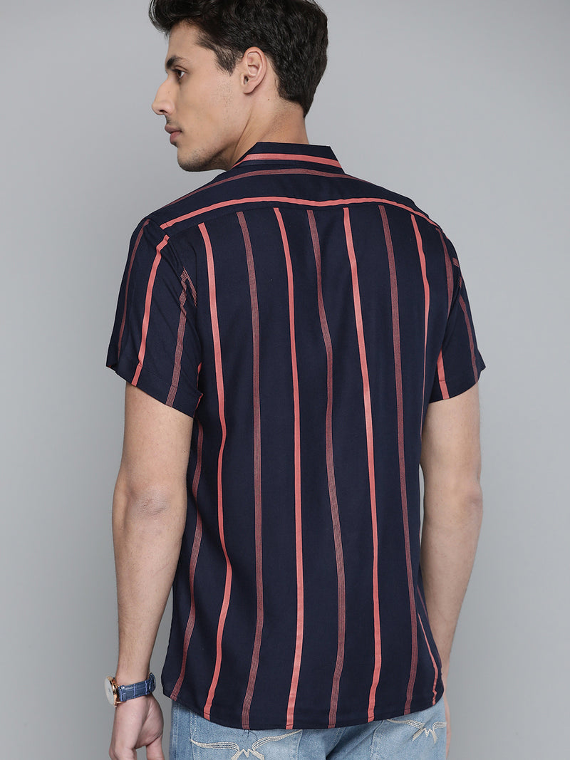 Men Navy Blue Smart Slim Fit Vertical Stripes Opaque Casual Shirt with Pocket
