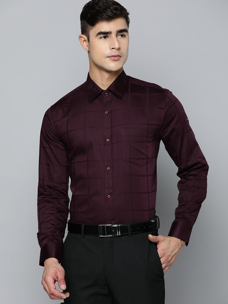 Maroon: Full Sleeves Windowpane Checks Party Shirt