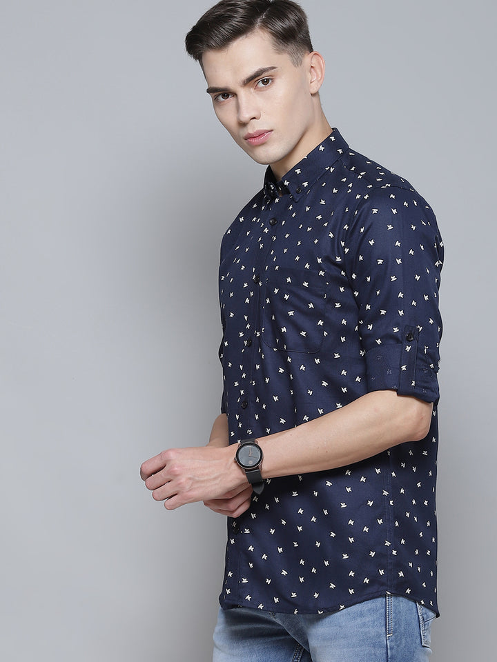 Men Navy Blue Smart Slim Fit Opaque Printed Casual Shirt