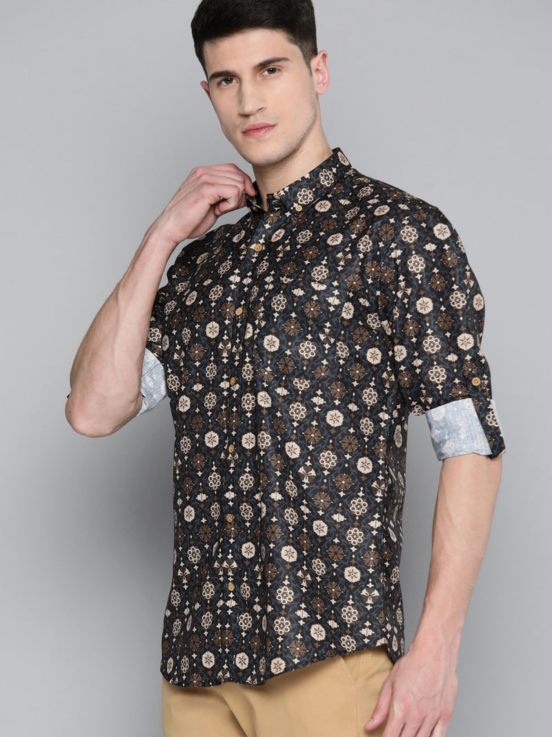 Men Blue  Brown Smart Slim Fit Printed Casual Shirt