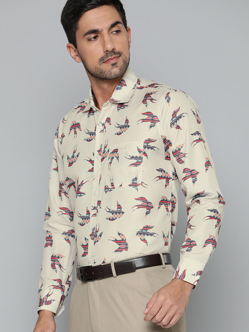 Men Cream-Coloured  Navy Blue Smart Slim Fit Printed Formal Shirt