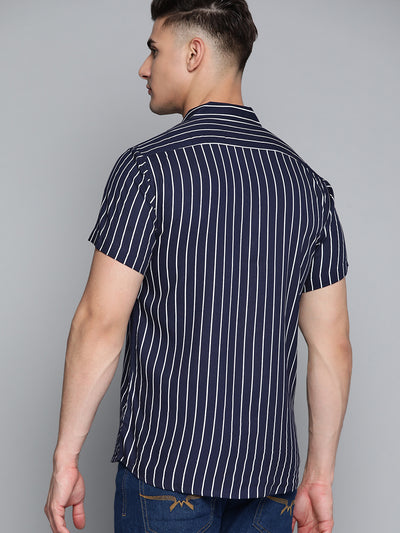 Men Navy Blue Striped Smart Slim Fit Casual Shirt