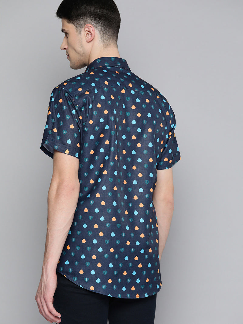 Men Navy Blue Comfort Fit Printed Casual Shirt