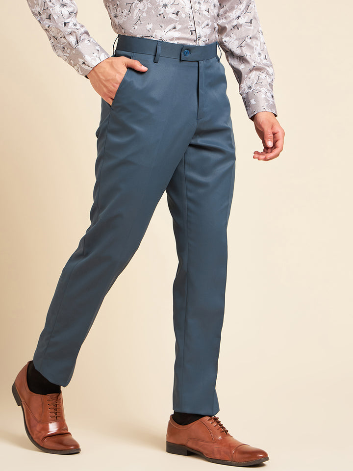 DENNISON Blue Men Smart Mid-Rise Easy Wash Formal Trousers