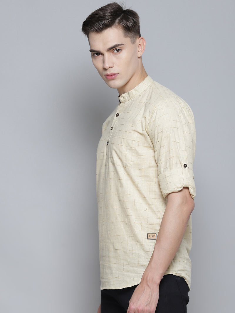Men Cream-Coloured Patterned Comfort Slim Fit Cotton Kurta