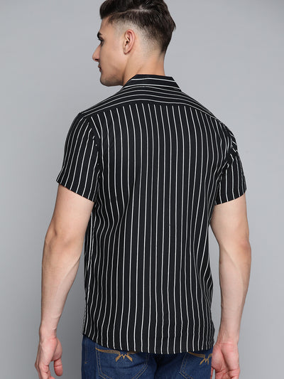 Men Black Striped Smart Slim Fit Casual Shirt