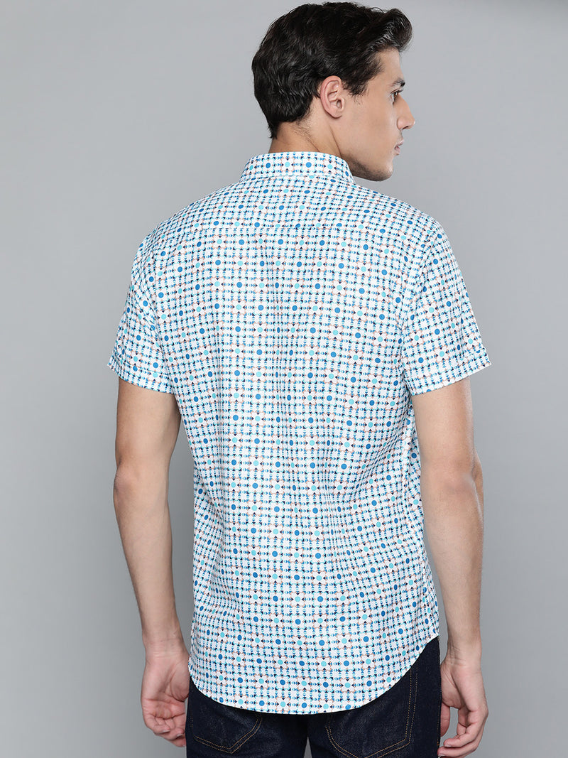 Men White & Blue Block Printed Shirt
