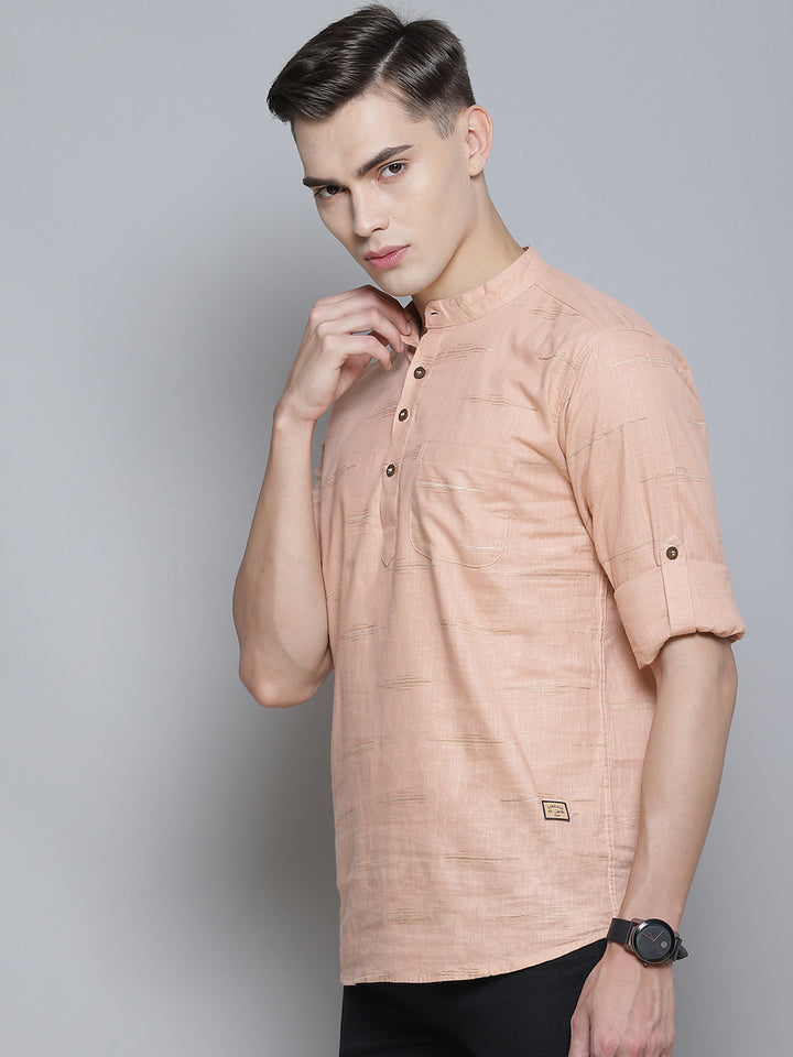 Men Peach-Coloured Comfort Slim Fit Striped Short Kurta