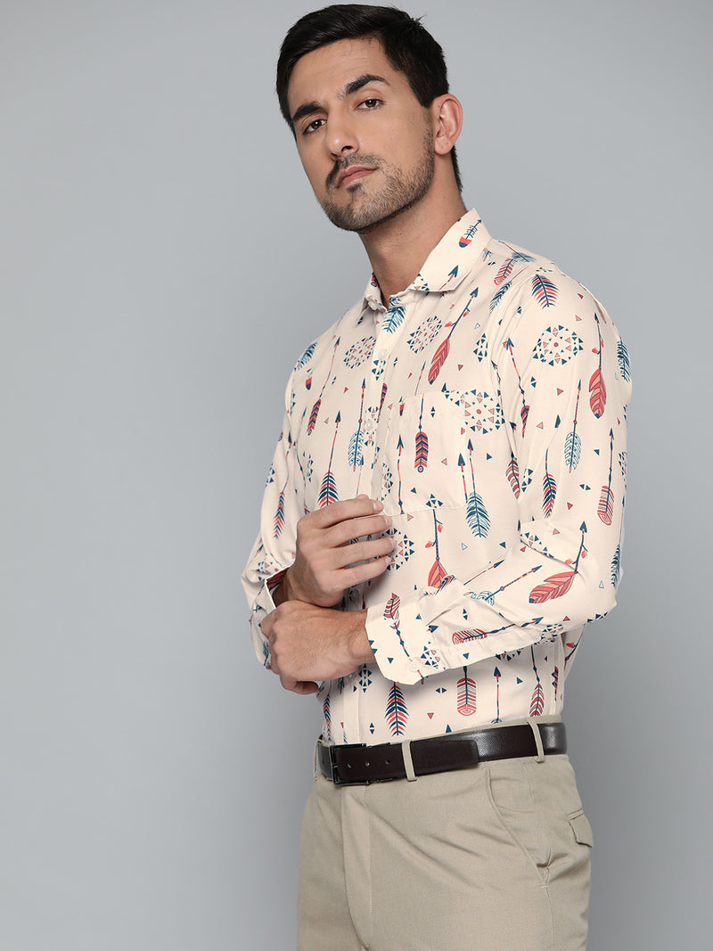 Men Cream-Coloured Conversational Printed Smart Slim Fit Casual Shirt