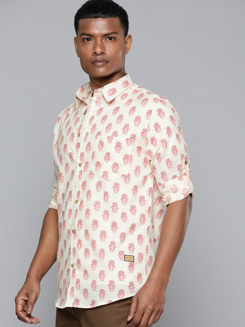 Cream: Full Sleeves Block Printed Shirt
