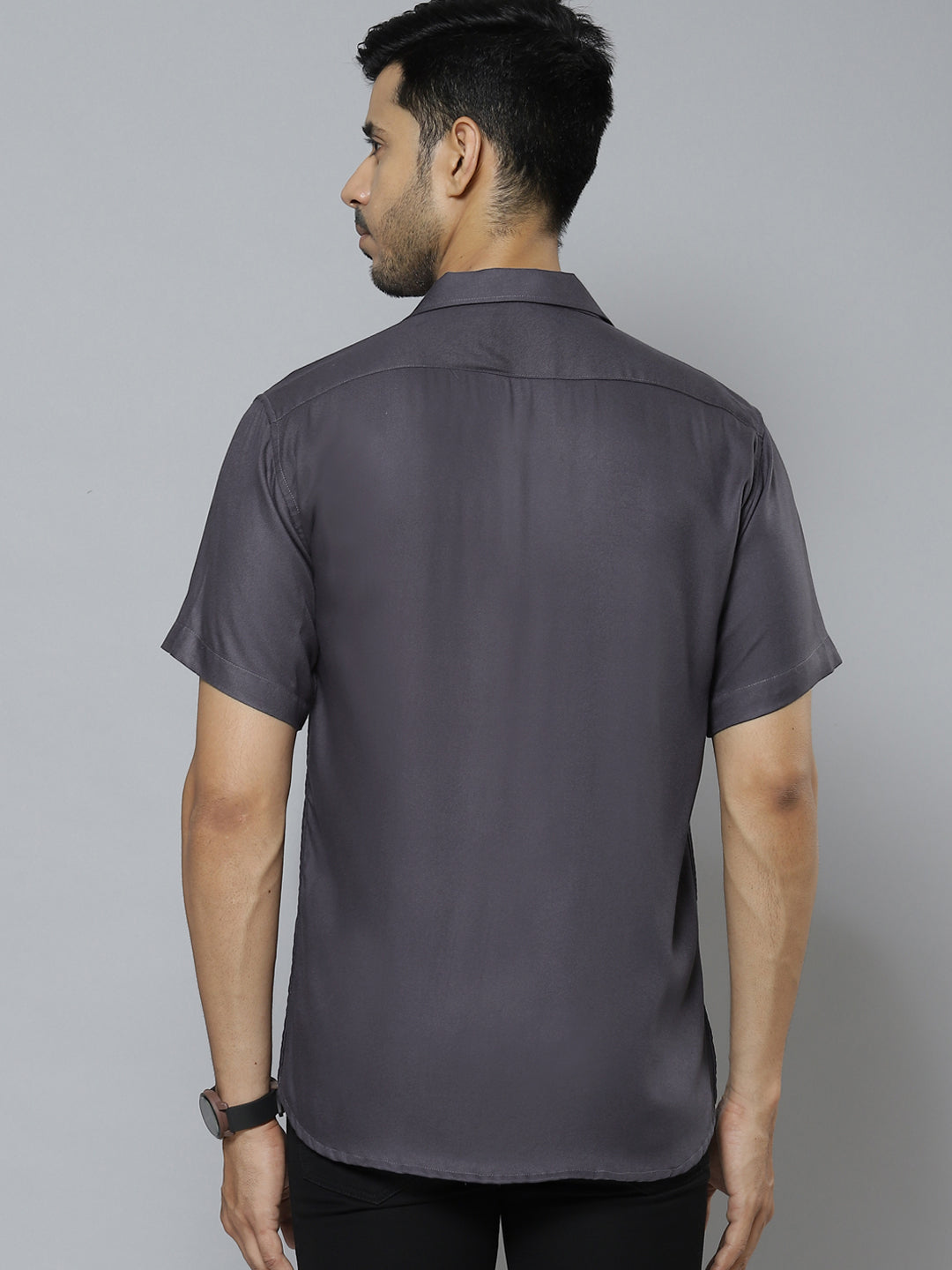 Men Charcoal Grey Solid Cuban Collar Smart Regular Fit Casual Shirt