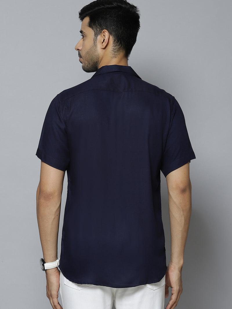 Men Navy Blue Solid Twill Weave Smart Casual Shirt