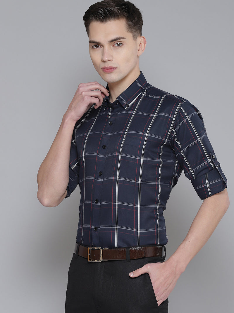 Men Navy Blue Smart Slim Fit Checked Formal Shirt
