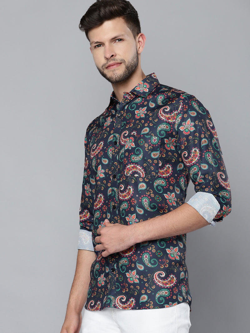 Men Navy Blue Smart Slim Fit Printed Formal Shirt